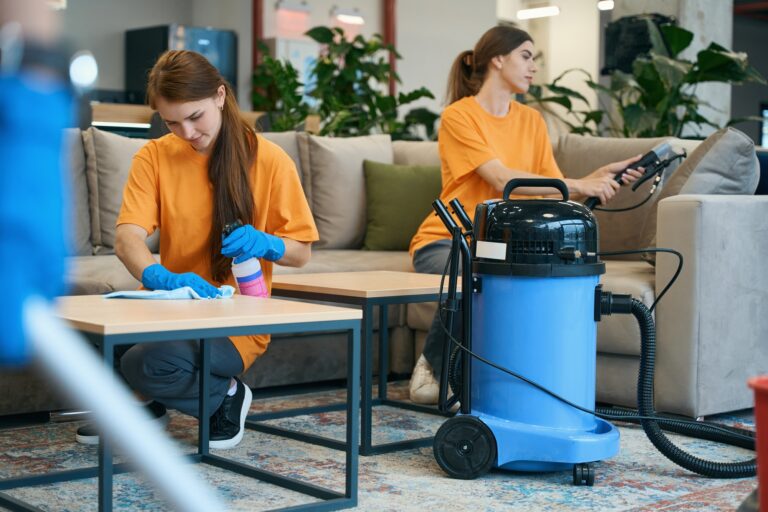 Employees of the cleaning company make thorough cleaning of furniture